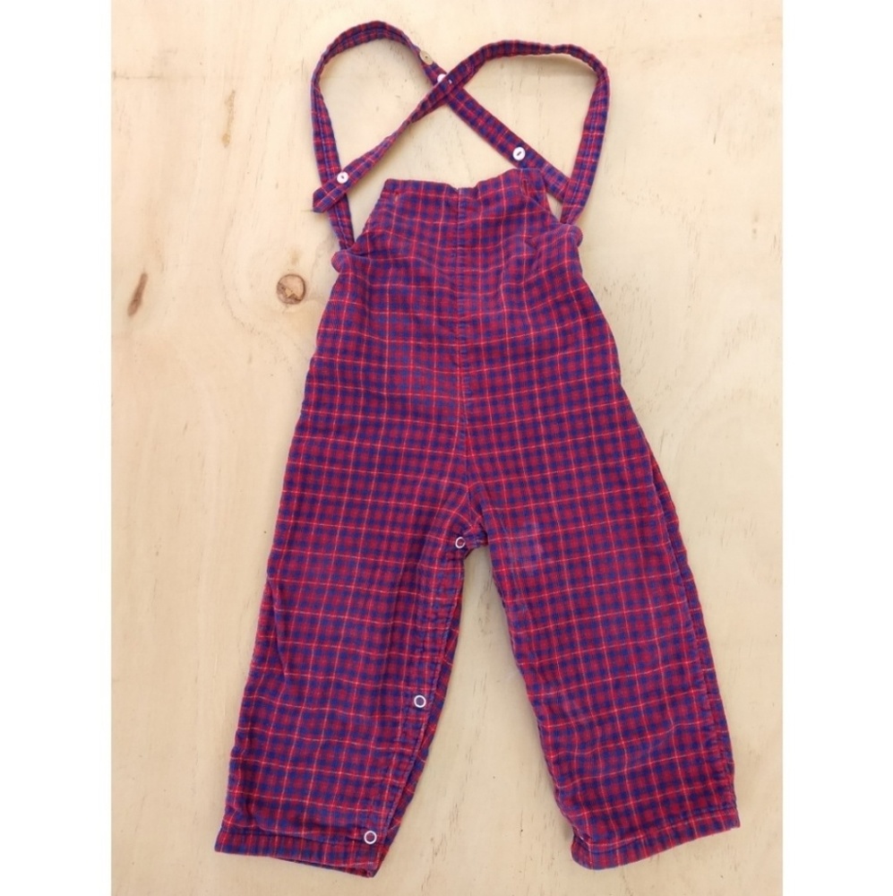 3/$15 Vtg Sears red blue plaid overalls toddler 2T